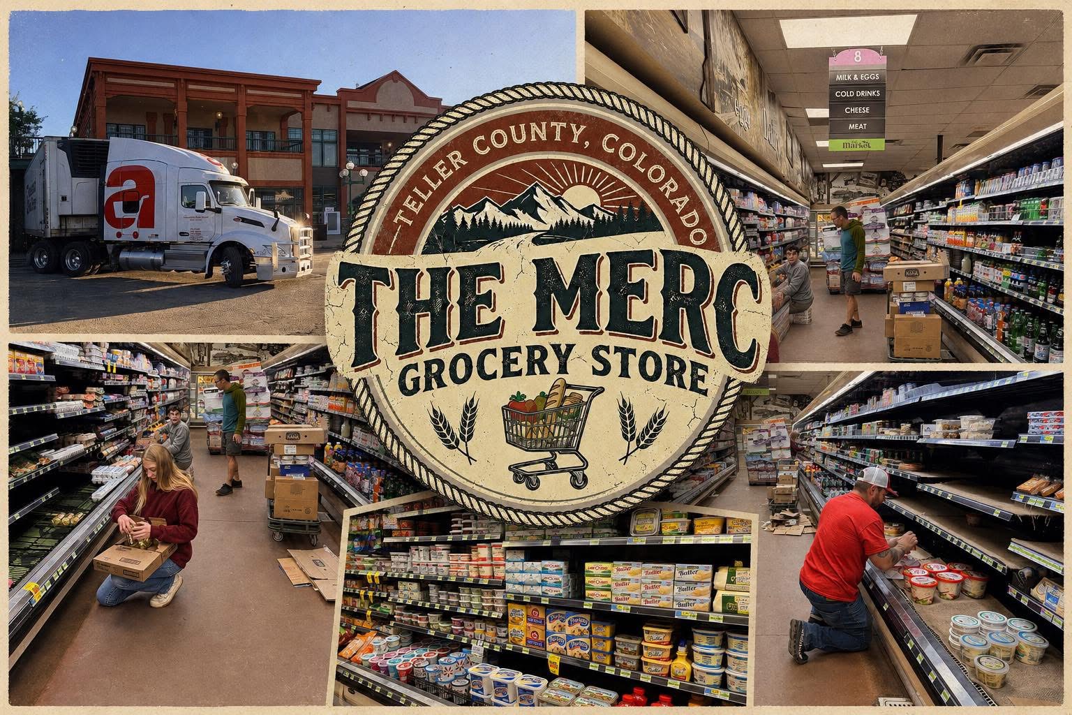 Scenes from The Merc — a delivery truck, stocking produce, and shelves at all three stores